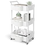 HBTower Rollwagen aus Kunststoff，Küchenwagen 3 Etagen, Servierwagen, mit extra hängenden Tassen,...