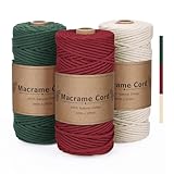 PUWOWYE 3 Stück Makramee Garn 3mm, Makramee Garn Set Rot Grün Beige, Makramee Baumwollgarn 3mm...