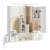 VASAGLE Spiegelschrank Bad mit Beleuchtung, 14,5 x 70 x 70 cm, Stecker, Hängekorb,...