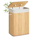 SONGMICS Wäschekorb mit Deckel, 72 Liter, Wäschesammler aus Bambus, faltbar, Wäschesack...