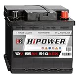 HR HiPower Autobatterie 12V 55Ah 510A/EN Starterbatterie ersetzt 44Ah 45Ah 46Ah...