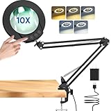 mandland 10X Lupe mit Licht und Klemme, beleuchtete Lupe aus echtem Glas mit 5 Farbmodi und...