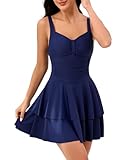 Halcurt Badeanzug Damen mit Cups Einteiliger Schwimmrock Ruched Bauchweg Schwimmkleid Badekleid L