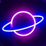 LED Planet Licht Umelee Planet Neonlicht Schilder Wanddekoration Blau Rosa LED Neonschild Batterie...