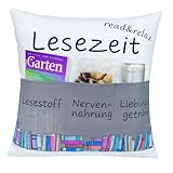 KAMACA Dekokissen mit Füllung Lesezeit mit 3 Taschen 43x43 cm Kuschelkissen für Sofaabend &...