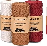 YESLUSY Premium Makramee Garn Natur 3er Set, Makramee Garn Set Rot, 3mm x 100m Baumwollgarn, für...