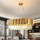 AOOCHOK Modern Kristall Pendelleuchte Gold Kronleuchter, Oval Kristall Hängeleuchte, Häengelampe...