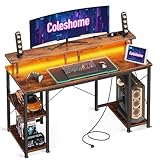 Coleshome Gaming Tisch mit LED-Beleuchtung, 120x50cm Computertisch mit 2 Steckdosen & 2...