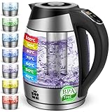 FOR ME Glas Elektrischer Wasserkocher mit Teesieb 1,8L, Temperatureinstellung, Temperaturwahl 40°C...