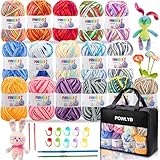 POWLYB Acrylwolle Set, 16 Farben Wolle Set, mit 2 Häkelnadeln, 40g...